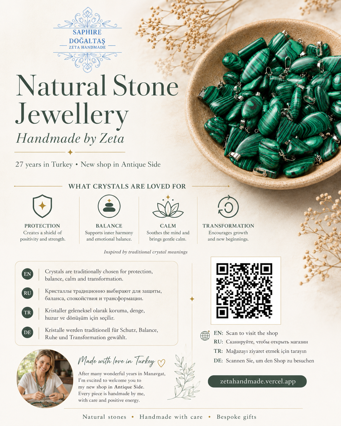 Multilingual natural stone jewellery flyer