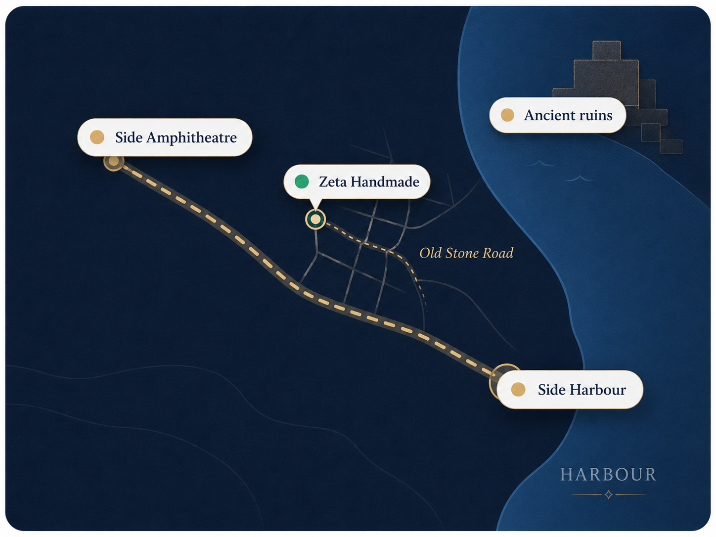 Map showing Zeta Handmade between Side Amphitheatre and Side Harbour